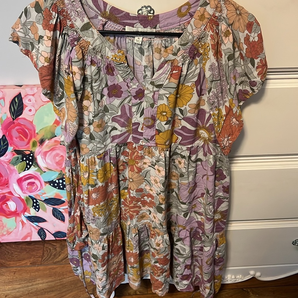 Umgee Floral Tiered Mini Dress in Lavender, Mustard & Rust - Picture 3 of 12